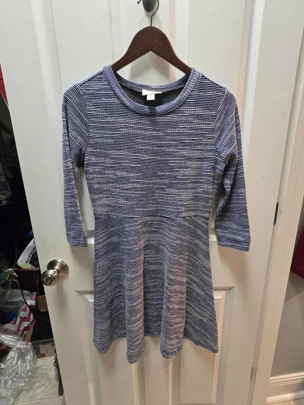 LOFT Navy and White Striped Knit Fit-and-Flare Dress